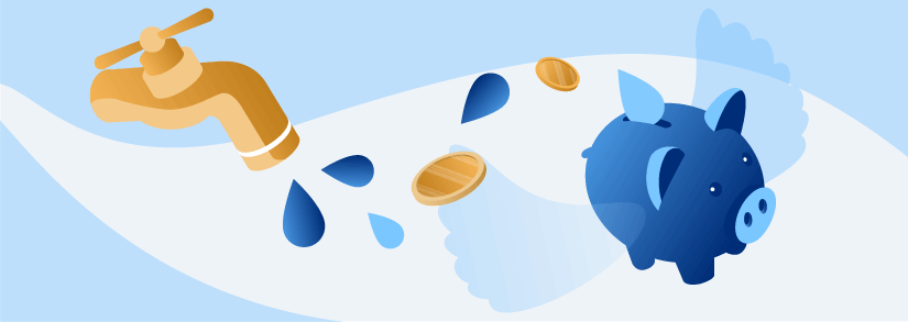 節水 - 豚の貯金箱と蛇口の挿絵