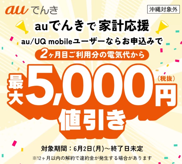 新規申し込みで2ヶ月目ご利用分の電気代から最大5,000円(税抜)値引き!