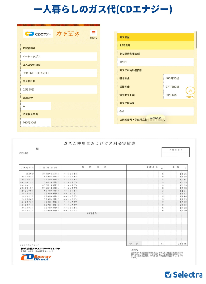 CDエナジーの都市ガス 一人暮らしの請求書