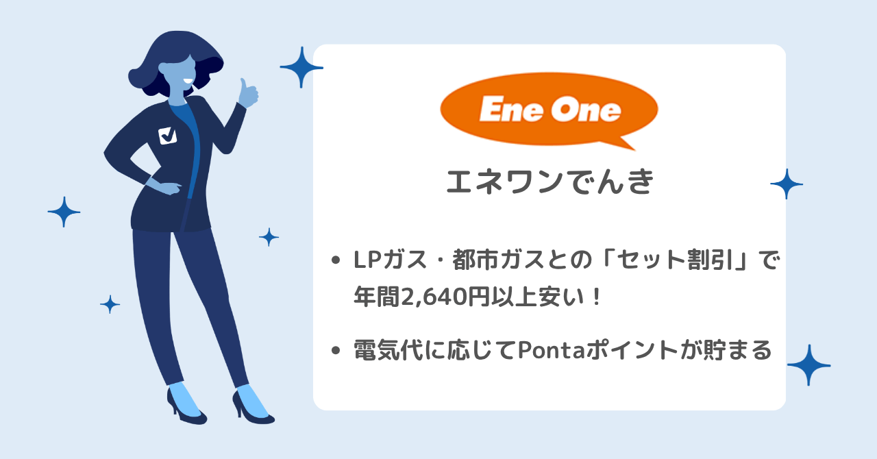 エネワンでんきのおすすめポイント:電気料金200円ごとに1Pontaポイント、使用量に合わせた3つのプラン、ガスやウォーターサーバーとまとめてお得