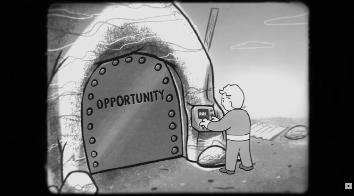 Fallout day2024の白黒映像。Vault boyがopportunityと描かれたシャッターを開けようとしている様子