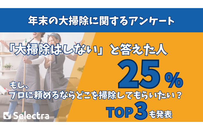 【セレクトラが2,000人に調査】大掃除はもはや過去の慣習? 25%が今年の年末「大掃除はしない」と回答