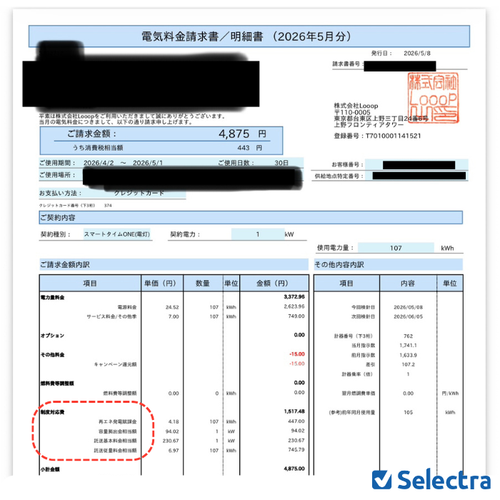 Looopでんき 請求書のサンプル