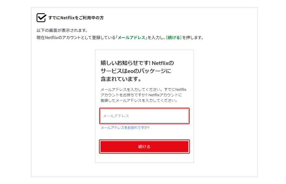 eo光からNetflixの利用登録をするときの画像。Netflixで利用していたメールアドレスの入力を求められている。ここで、Netflixで使用していたメールアドレスを入力することでアカウントを引き継ぐことができる。