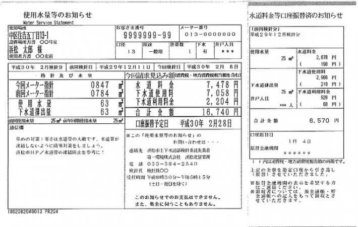 浜松市水道局:使用水量等のお知らせ(検針票)