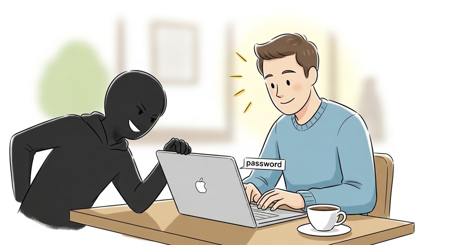 公共の場でパスワード入力を行う男性とそれを盗み見ようとする男性のイラスト