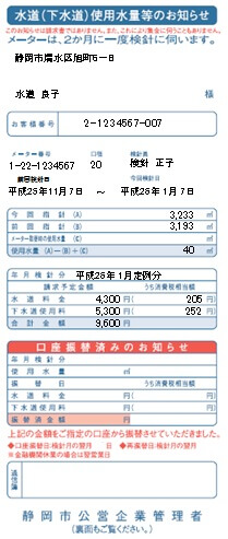 静岡市水道局の検針票の見本 - お客様番号の記載があります