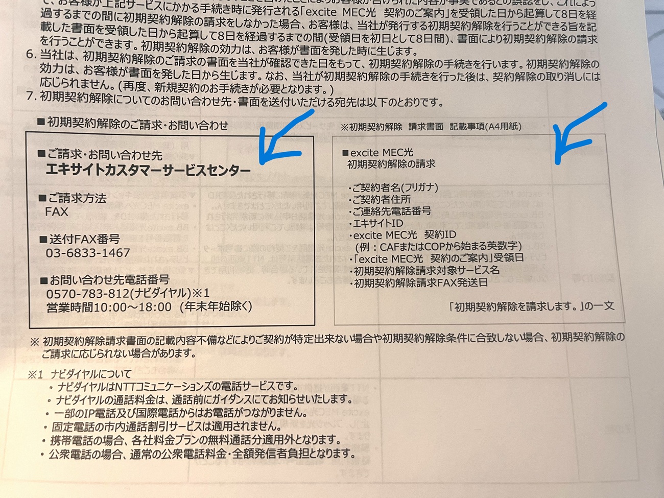 初期契約解除の申請宛先と必要事項が契約書類に記載されている様子（BB.excite 光MEC）