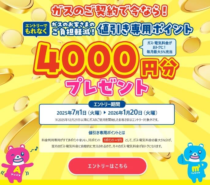 ガスの使用開始で4,000円分ポイントもらえる