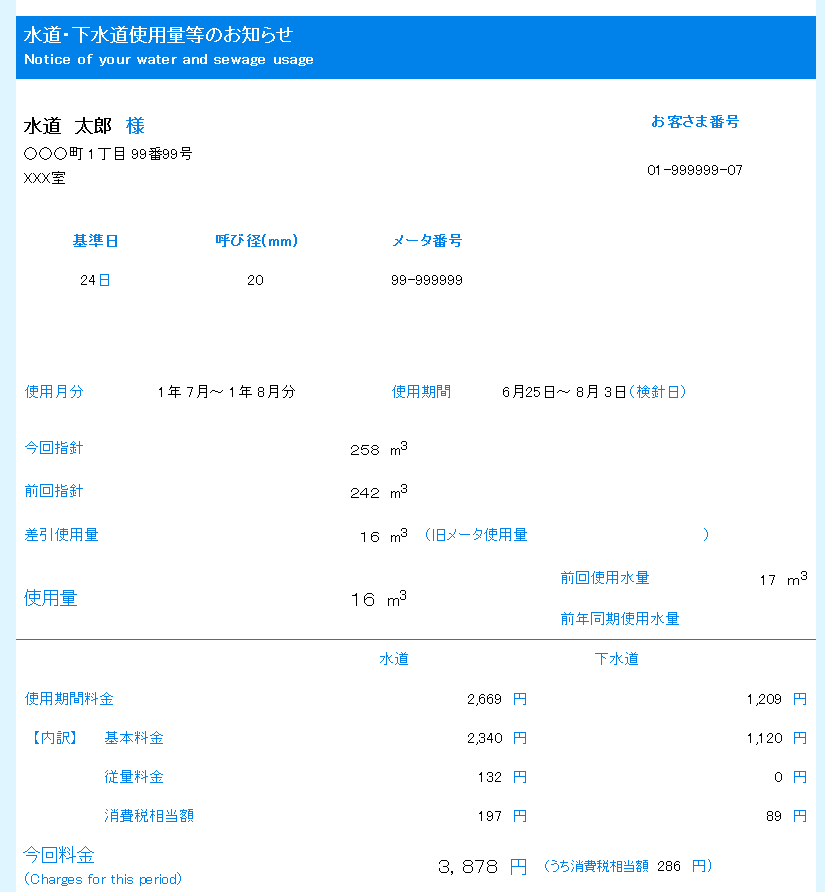 水道・下水道使用量等のお知らせ(検針票)