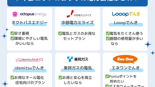 中部電力エリアで安いおすすめ電力会社＆電気料金比較ランキング！