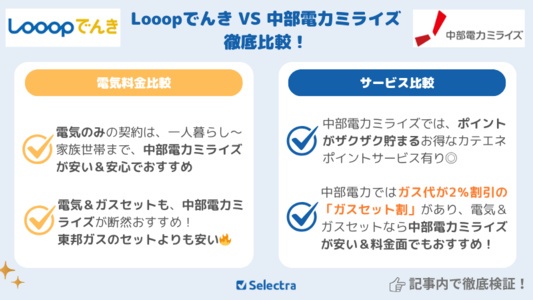 Looopでんき（ループでんき）VS中部電力ミライズ【料金比較+サービス比較】どちらがお得？
