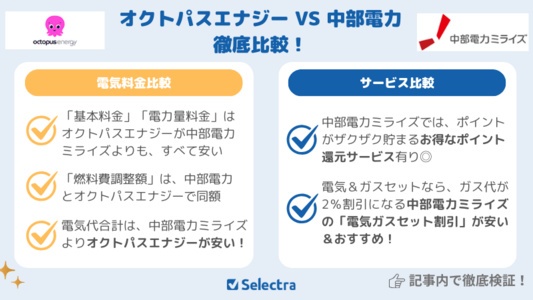 オクトパスエナジーVS中部電力【徹底比較】電気料金 / ガスセットが安いのは?サービスも比較検証!【8月最新】