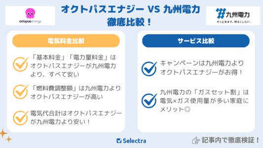 オクトパスエナジーVS九州電力【電気料金比較+サービス比較】どっちが安いか徹底検証!