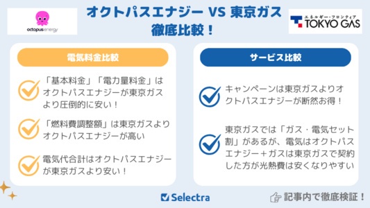 オクトパスエナジーVS東京ガスの電気【料金比較+サービス比較】どっちが安いか新料金で徹底検証!