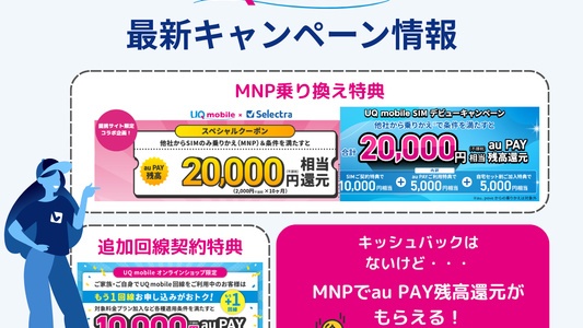 UQモバイルのキャンペーン情報 |キャッシュバックは？ 乗り換え（MNP）・新規・機種変更・iPhone購入特典