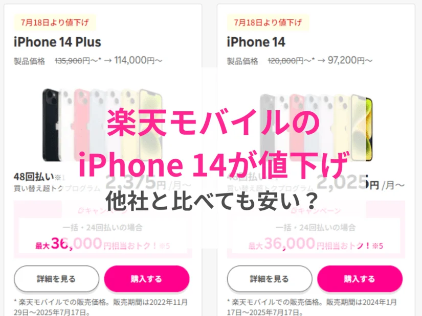 楽天モバイルがiPhone 14を最大2.4万円値下げ、キャンペーンで最大3.6万円還元 - 他社と比べても本当に安いのか解説