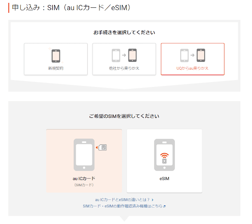 「申し込み:SIM(au ICカード/eSIM)」画面
